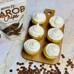 CAROB CHIP CUPCAKES WITH CHEESECAKE FROSTING